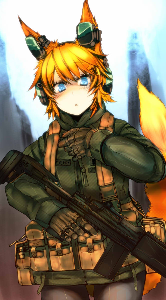 1girl battle_rifle blonde_hair blue_eyes earmuffs extra_ears firefox four_ears gloves gun highres load_bearing_vest m14 military mk_14_mod_0_ebr operator original os os-tan personification rifle short_hair sigama sigma_(artist) solo tail trigger_discipline weapon