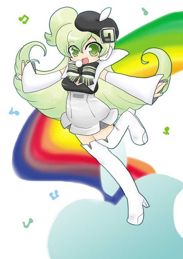 beret blonde_hair boots bowtie detached_sleeves green_eyes green_hair hat macloid macne_nana macne_nanaberet musical_note musical_notes open_mouth outstretched_arms rainbow red_eyes singing smile solo spread_arms