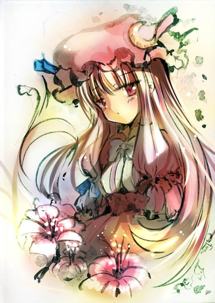 :o bad_id calligraphy_brush_(medium) chunyan crescent crescent_moon flower fuyouchu hat long_hair looking_at_viewer mixed_media patchouli_knowledge pink_eyes pink_hair purple_eyes purple_hair solo touhou traditional_media violet_eyes