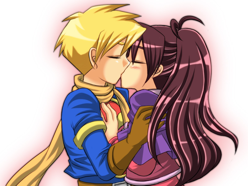 1girl bad_id blonde_hair brown_hair closed_eyes couple eyes_closed golden_sun gomabee husband_and_wife jasmine_(golden_sun) kiss robin_(golden_sun) scarf