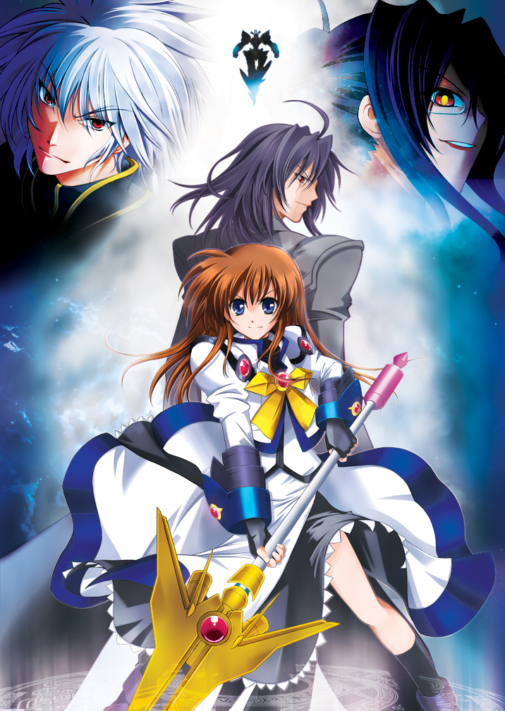 back-to-back black_hair blue_eyes brown_hair character_request crossover daijuuji_kurou demonbane fingerless_gloves glasses gloves hair_down kagura_yuuto long_hair lyrical_nanoha mahou_shoujo_lyrical_nanoha mahou_shoujo_lyrical_nanoha_strikers nya_(demonbane) raising_heart red_eyes takamachi_nanoha white_hair