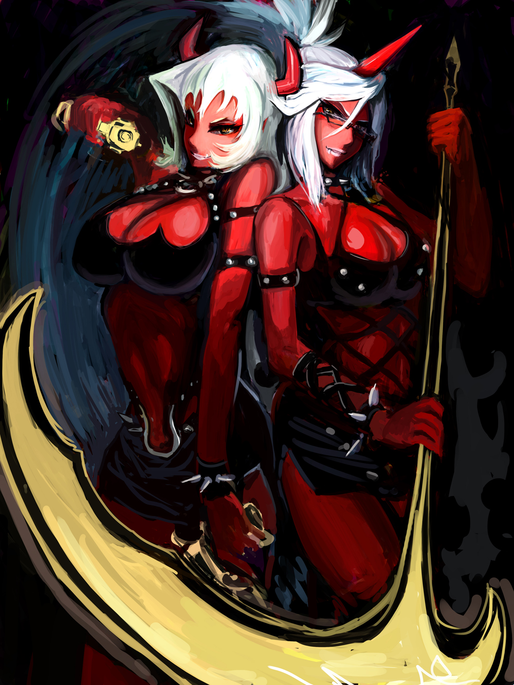 breasts demon_girl double_gold_lacytanga double_gold_spandex highres horns kneesocks_(character) kneesocks_(psg) large_breasts multiple_girls ogadenmon panty_&amp;_stocking_with_garterbelt red_skin scanty scanty_(psg)