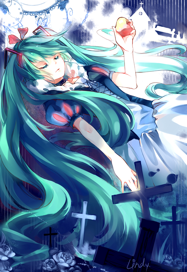 apple choker closed_eyes cross dress eyes_closed flower food fruit grey_rose grimm's_fairy_tales hatsune_miku lindypclo long_hair rose snow_white snow_white_(grimm) snow_white_and_the_seven_dwarfs solo twintails very_long_hair vocaloid