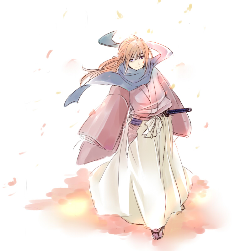 cherry_blossoms himura_kenshin katana male rurouni_kenshin sakura samurai scarf solo sword uya weapon