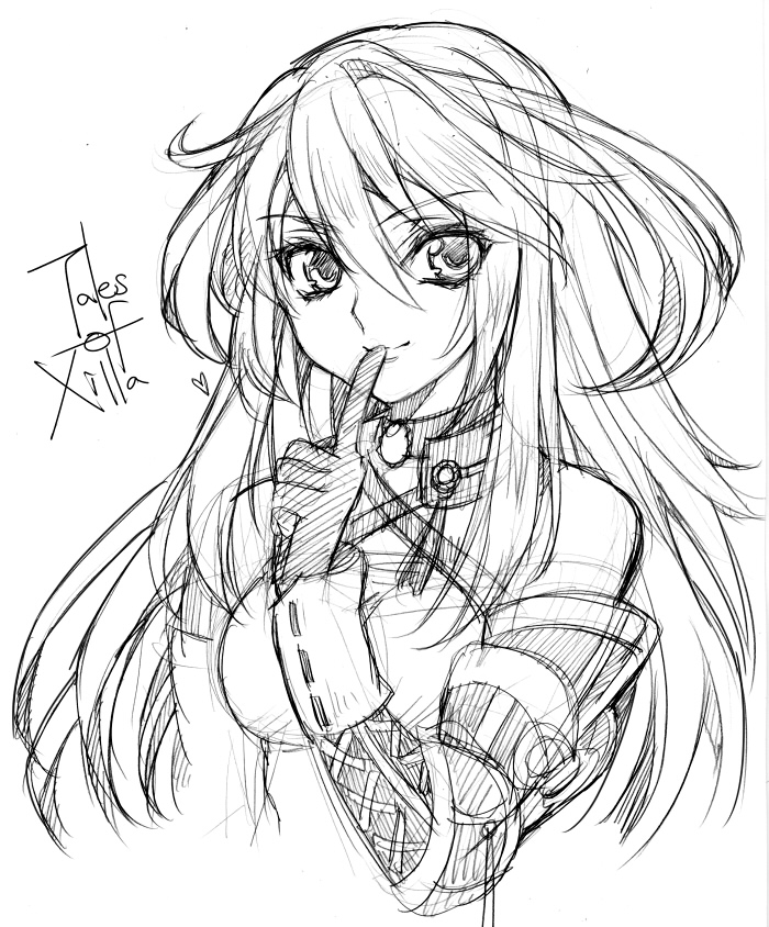 creayus face finger_to_mouth gloves heart milla_maxwell mira_maxwell monochrome scan sketch smile solo tales_of_(series) tales_of_xillia title_drop white_background
