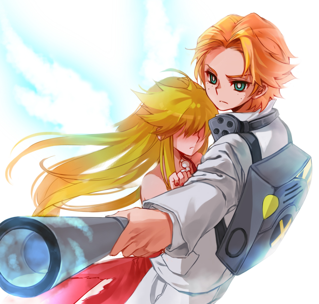1boy 1girl alternate_hairstyle bad_id bare_shoulders blonde_hair brief_(character) brief_(psg) couple dress female formal green_eyes hair_over_eyes long_hair long_sleeves male orange_hair panty_&amp;_stocking_with_garterbelt panty_(character) panty_(psg) protect protecting serious silverwing