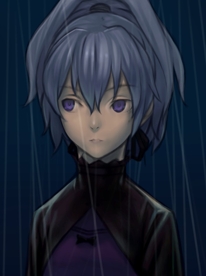 bust darker_than_black expressionless face lips nfb-zmc ponytail purple_eyes rain short_hair silver_hair tsurime violet_eyes yin