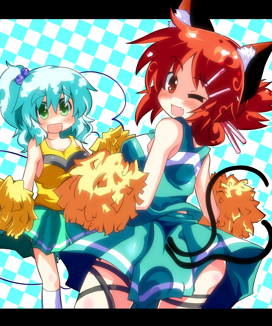 alternate_hairstyle animal_ears blue_hair cat_ears cat_tail cheerleader fang gin_(shioyude) gin_946 green_eyes hair_bobbles hair_ornament hairclip kaenbyou_rin kanzashi komeiji_koishi letterboxed multiple_girls multiple_tails pom_poms red_eyes red_hair side_ponytail tail touhou wink