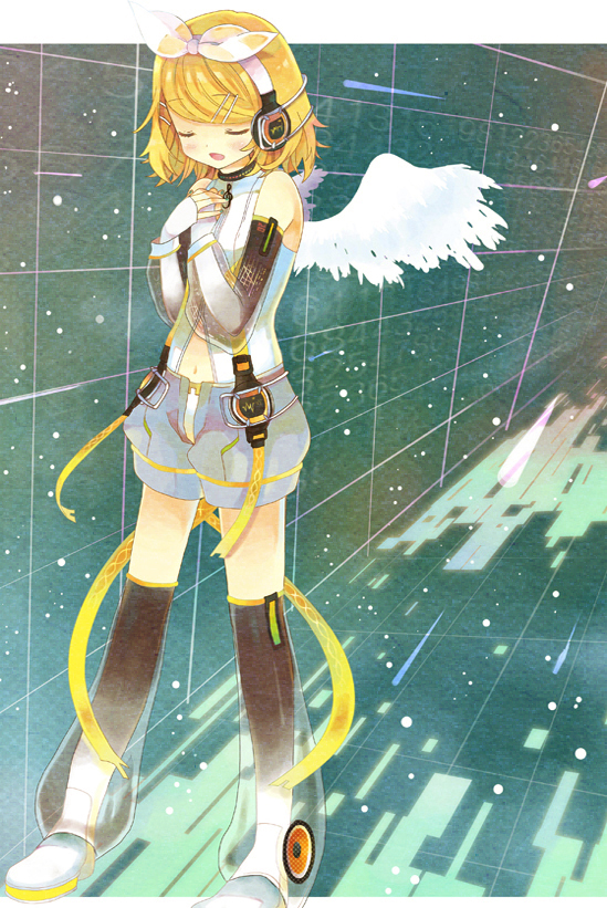 alitou angel_wings bad_id blonde_hair closed_eyes detached_sleeves eyes_closed fingerless_gloves gloves hair_ornament hair_ribbon hairclip headphones kagamine_rin kagamine_rin_(append) open_mouth rectangle ribbon short_hair shorts solo standing thigh-highs thighhighs vocaloid vocaloid_append wings