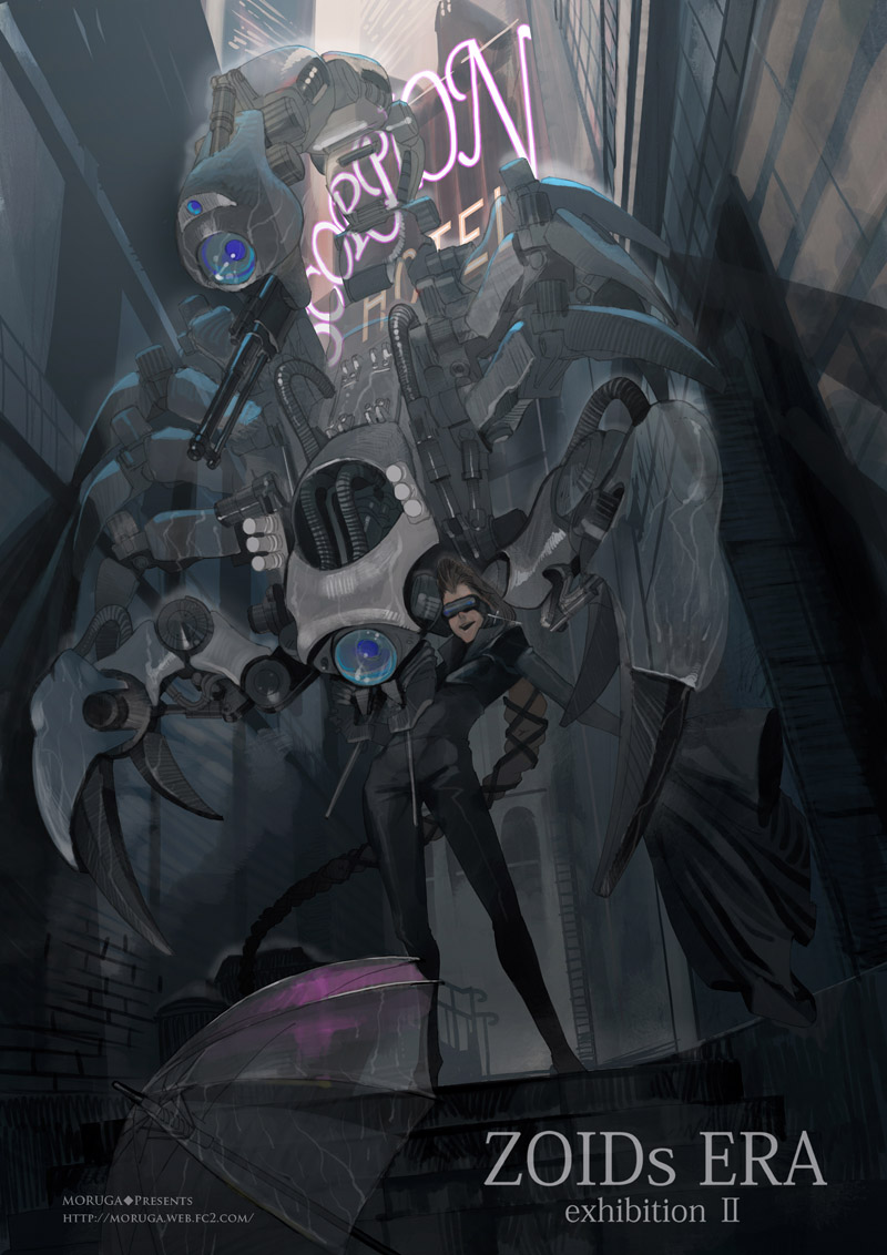 alley brown_hair cloak deathpion gun long_hair male mecha moruga rain solo stairs transparent trashcan umbrella urban very_long_hair weapon zoids