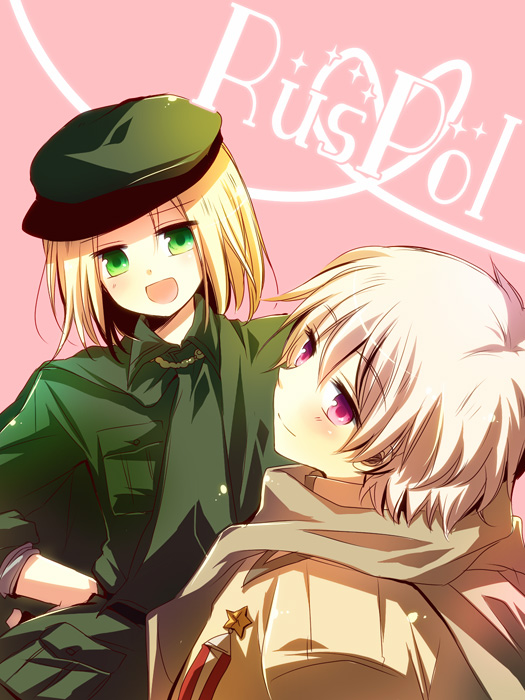 aplerichi axis_powers_hetalia bad_id blonde_hair flat_cap green_eyes happy hat male medal military military_hat military_uniform multiple_boys poland_(hetalia) russia_(hetalia) scarf short_hair silver_hair smile uniform