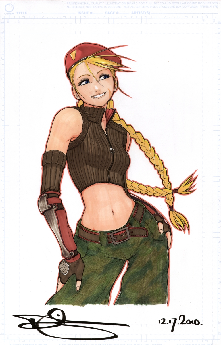 ahoge bare_shoulders belly_button belt beret blonde_hair blue_eyes braid cammy_white capcom casual contemporary crop_top dated elbow_gloves fingerless_gloves gloves hands_on_hips hat highres long_hair marker_(medium) midriff navel omar_dogan pants pencil_crayon_(medium) scar signature smile solo street_fighter traditional_media twin_braids unzipped