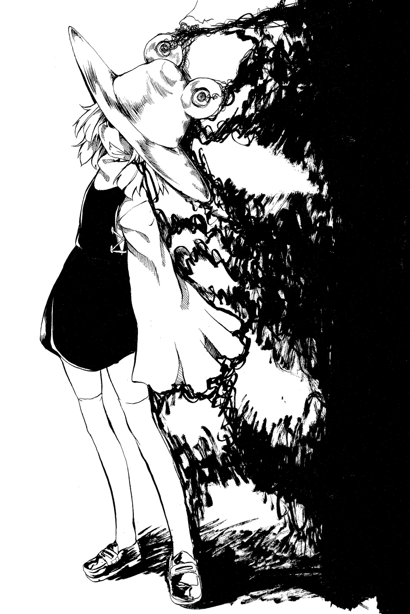 darkness grin hat hat_over_eyes monochrome moriya_suwako over-kneehighs shigurio sleeves_past_wrists smile solo standing thighhighs touhou wide_sleeves