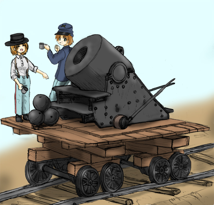 copyright_request cup eating ernest hat military military_uniform mortar_(weapon) railroad_tracks railway_gun suspenders uniform war