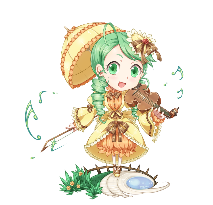 :d bow bow_(instrument) chibi drill_hair frills green_eyes green_hair hair_ornament instrument kanaria long_hair mtyy musical_note open_mouth rozen_maiden simple_background smile solo standing transparent_background violin