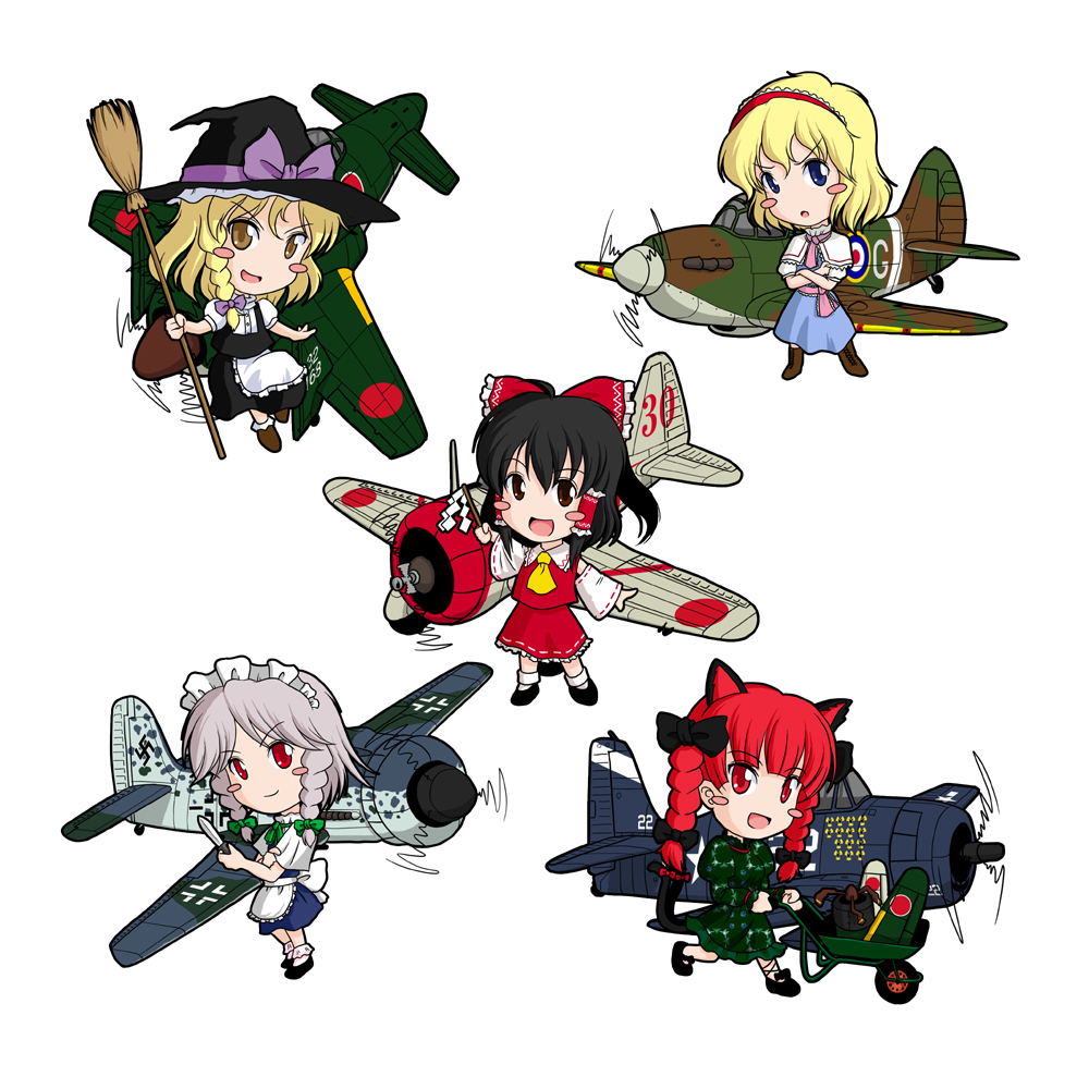 a6m_zero airplane alice_margatroid animal_ears ascot black_hair blonde_hair blue_eyes blush_stickers bow braid broom brown_eyes capelet cat_ears cat_tail chibi crossed_arms fw_190 gohei grumman_f6f hair_bow hairband hakurei_reimu hat izayoi_sakuya kaenbyou_rin kirisame_marisa knife kyuushuu_j7w_shinden long_hair maid maid_headdress military multiple_girls nakajima_ki-27 red_eyes red_hair redhead sakurato_tsuguhi short_hair silver_hair simple_background supermarine_spitfire tail throwing_knife touhou twin_braids weapon wheelbarrow witch witch_hat world_war_ii wreckage wwii yellow_eyes