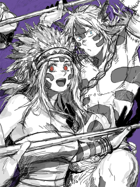 1girl :d armpits artist_request bare_shoulders blue_eyes bodypaint bracelet braid cosplay dancing dorohedoro facepaint feathers headband headdress jewelry leir18 long_hair muscle native_american_headdress no_shirt noi_(dorohedoro) open_mouth pole red_eyes sarashi shin smile stitches tattoo warbonnet