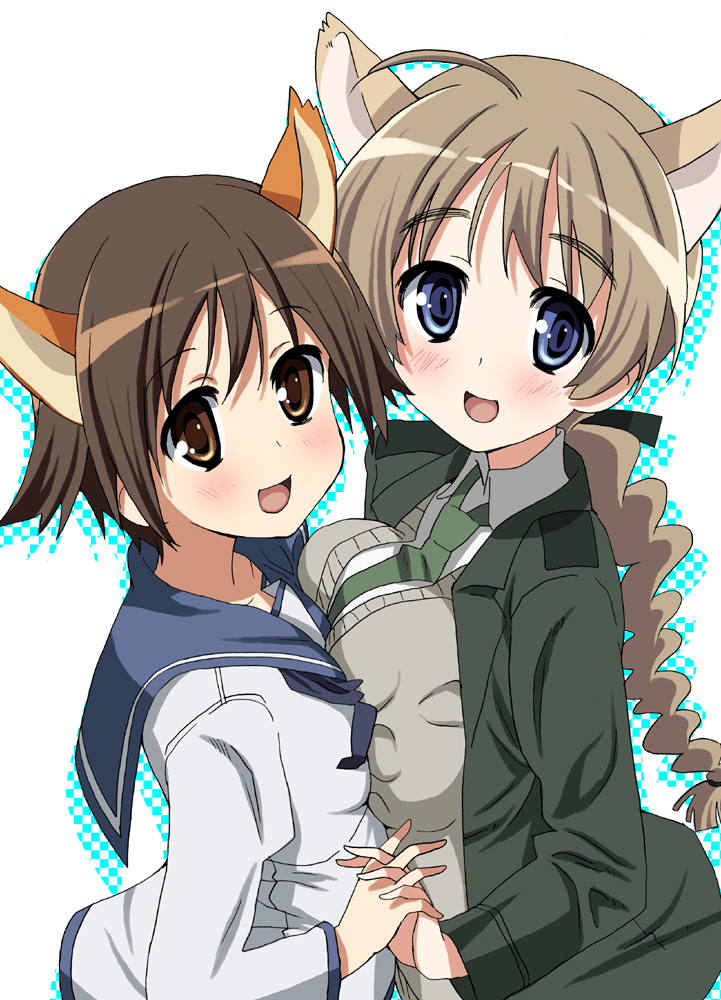 ahoge animal_ears asymmetrical_docking blue_eyes braid breast_press breasts brown_eyes brown_hair cat_ears dog_ears homing_(areya) homing_(artist) long_hair lynette_bishop miyafuji_yoshika multiple_girls necktie open_mouth school_uniform short_hair single_braid strike_witches symmetrical_docking