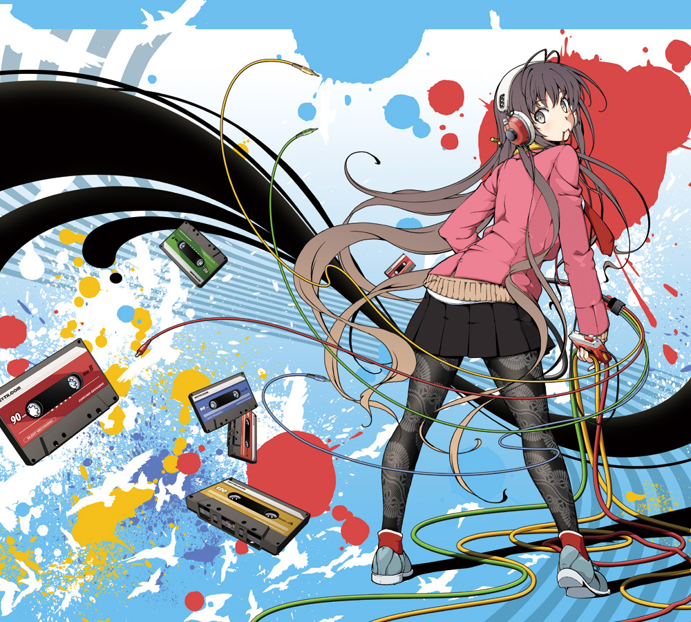 aka_ringo black_hair black_pantyhose brown_eyes cable cassette_tape colorful cord from_behind gradient_hair headphones leaning_forward legs long_hair looking_back miniskirt mouth_hold multicolored_hair original paint_splatter pantyhose pleated_skirt print_pantyhose skirt solo standing sweater wire