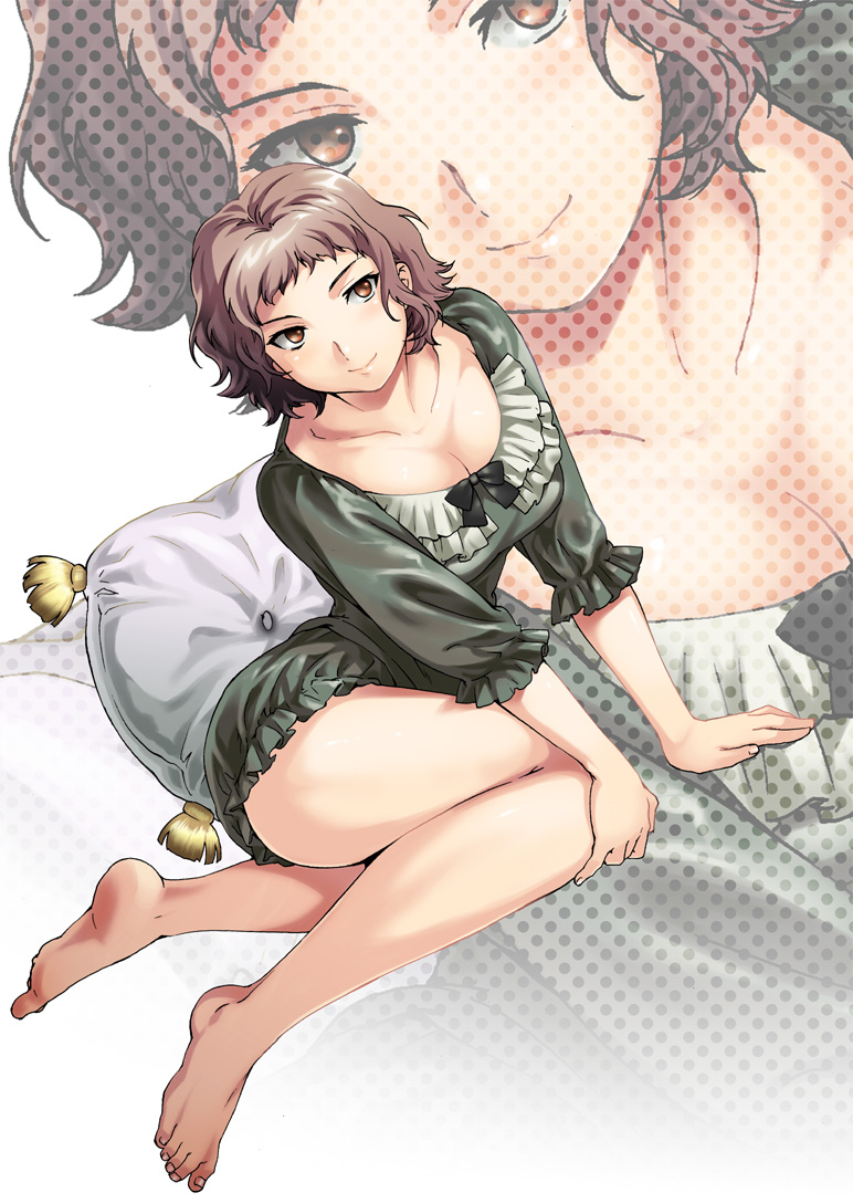 amber_eyes artist_request barefoot breasts brown_eyes brown_hair cleavage collarbone cuvie face feet gold_eyes hands legs nightmare_maker pillow ribbon short_hair soles solo source_request thighs toes watarai_maki zoom_layer