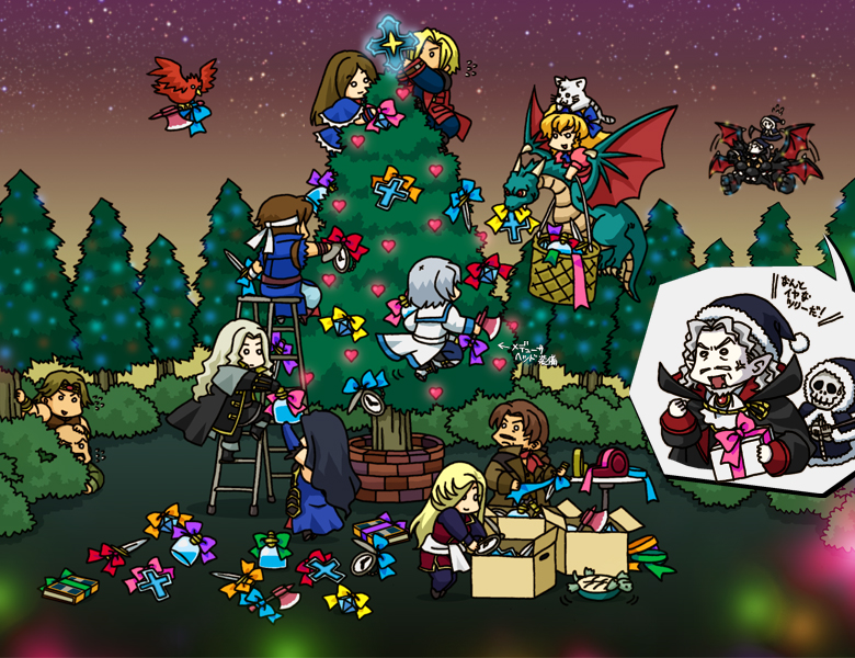 6+boys alucard axe bird book castlevania castlevania:_harmony_of_despair castlevania:_portrait_of_ruin charlotte_aulin chibi christmas christmas_tree cross crossover death_(castlevania) dracula dragon hammer_(castlevania) holy_water jinny jonathan_morris julius_belmondo julius_belmont knife maria_renard multiple_boys multiple_girls night on_back pantyhose pocket_watch richter_belmondo richter_belmont shanoa simon_belmondo simon_belmont soma_cruz turtle watch weapon yoko_belnades