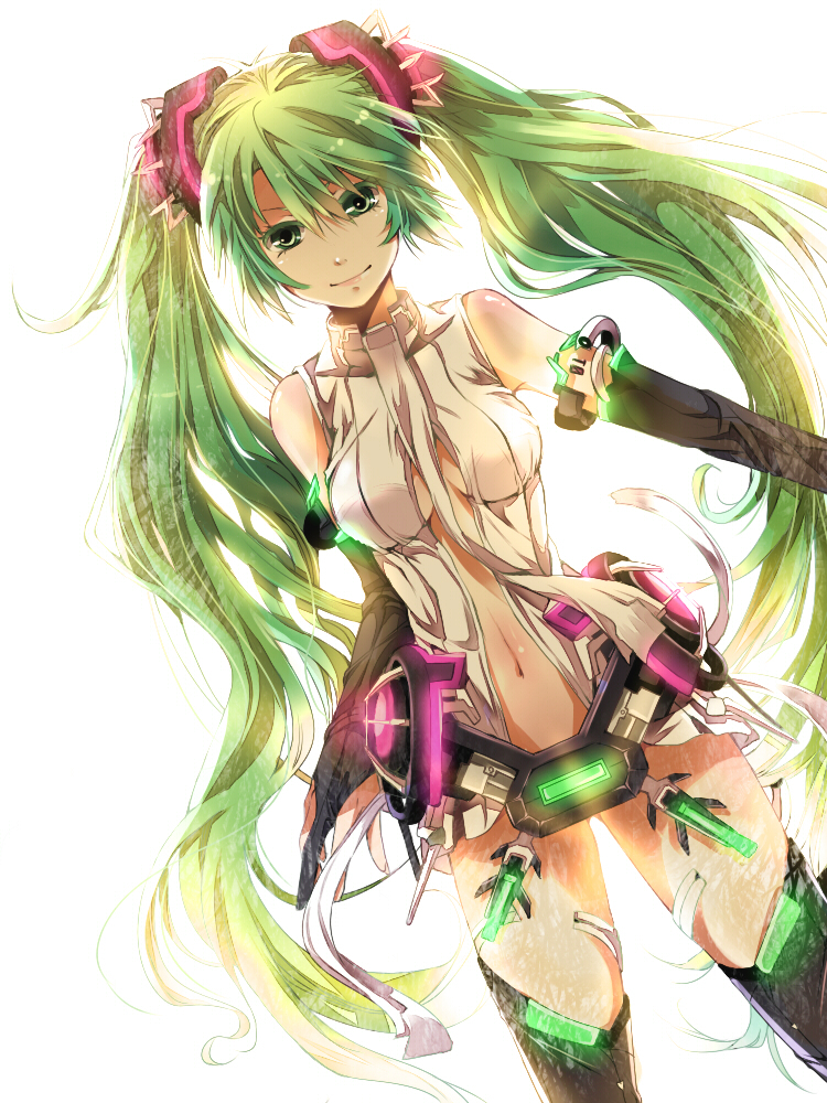 bad_id bare_shoulders bridal_gauntlets dutch_angle green_eyes green_hair hatsune_miku hatsune_miku_(append) long_hair miku_append mitsu_yomogi navel necktie simple_background solo thigh-highs thighhighs twintails very_long_hair vocaloid vocaloid_append