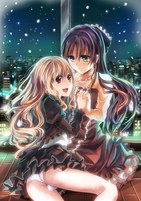 blonde_hair brown_hair cityscape copyright_request dress green_eyes hair_ribbon hand_holding holding_hands jewelry long_hair multiple_girls necklace night panties red_eyes ribbon shimaji skirt snow trap underwear window