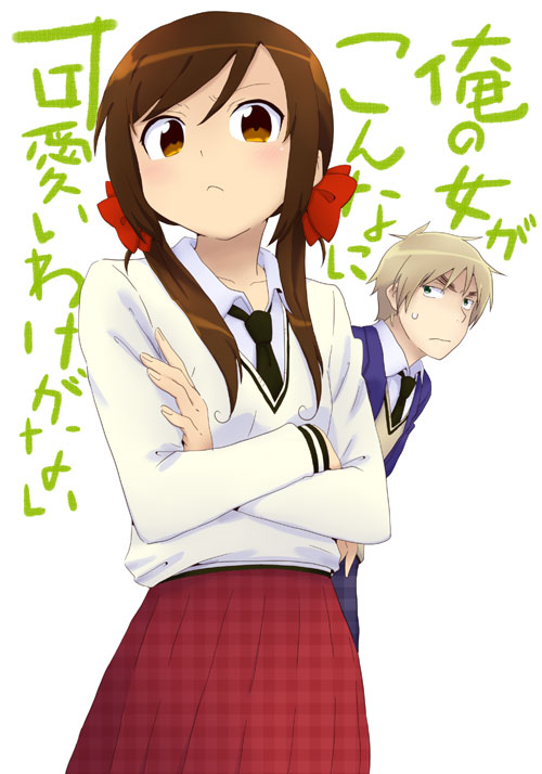 1girl :&lt; absurdres alternate_costume axis_powers_hetalia bad_id bangs blonde_hair blush brown_eyes brown_hair can't_be_this_cute crossed_arms crossover england_(hetalia) eyebrows fingernails frown green_eyes hair_ribbon highres leaning leaning_forward male necktie ore_no_imouto_ga_konna_ni_kawaii_wake_ga_nai pale_skin parody plaid plaid_skirt red_ribbon red_skirt ribbon school_uniform serafuku seychelles_(hetalia) shirt skirt sweat sweater swept_bangs thick_eyebrows translated twintails united_kingdom_(hetalia) white_background white_shirt