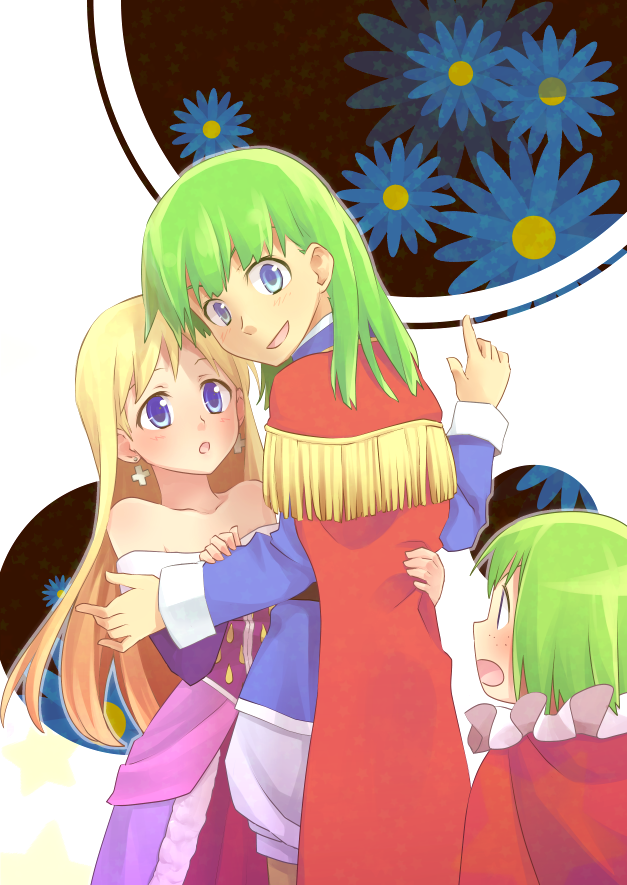 blue_eyes blush cape collins_(dq5) cross dragon_quest dragon_quest_v dress earrings embarrassed family father_and_son flower freckles henry_(dq5) jewelry long_hair maria_(dq5) mother_and_son off_shoulder open_mouth sanndo surprised walk-in