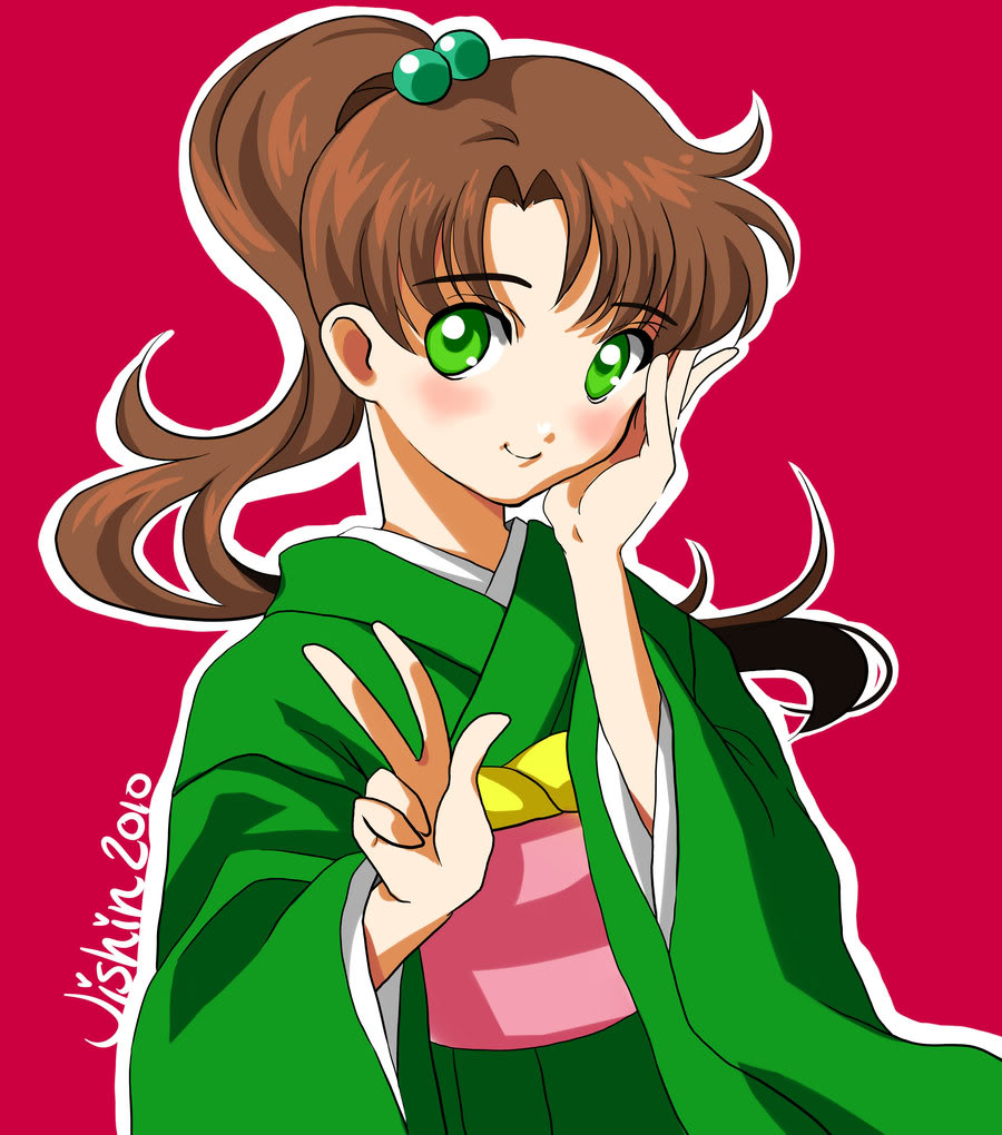 2010 bishoujo_senshi_sailor_moon brown_hair green_eyes hair_bobbles japanese_clothes jishin kimono kino_makoto pixiv ponytail sailor_jupiter sash smile v