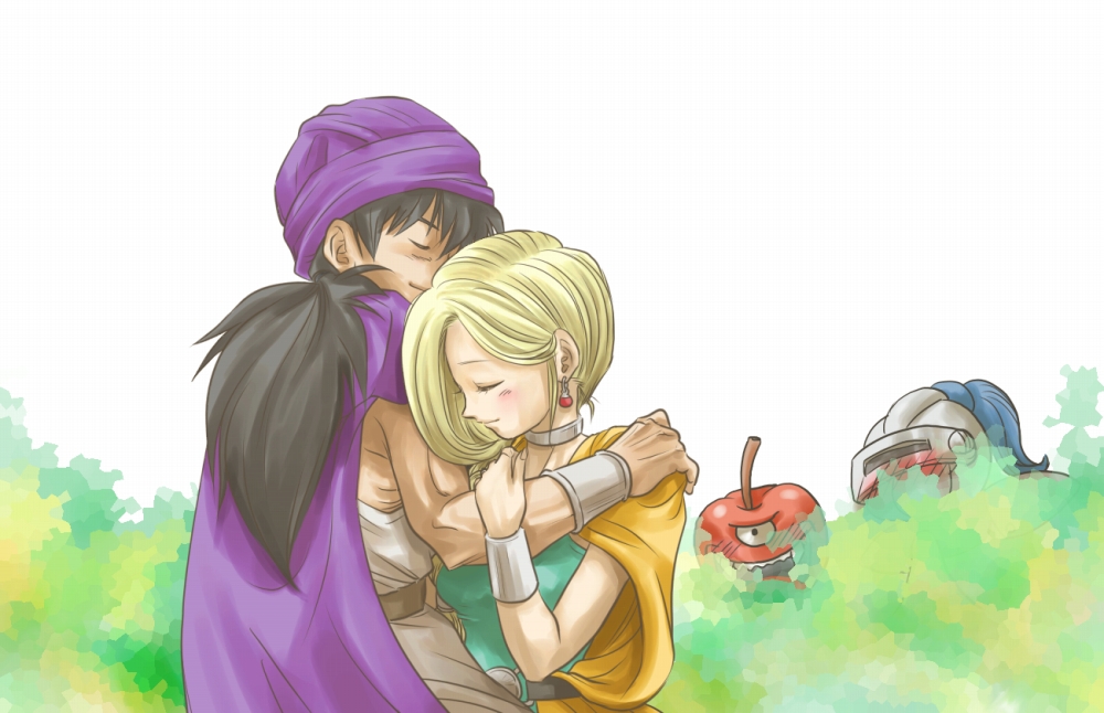 blonde_hair blush bracelet cape chinyan closed_eyes couple dragon_quest dragon_quest_v earrings evil_apple eyes_closed hair_over_shoulder hero_(dq5) hug jewelry monster slime_knight turban