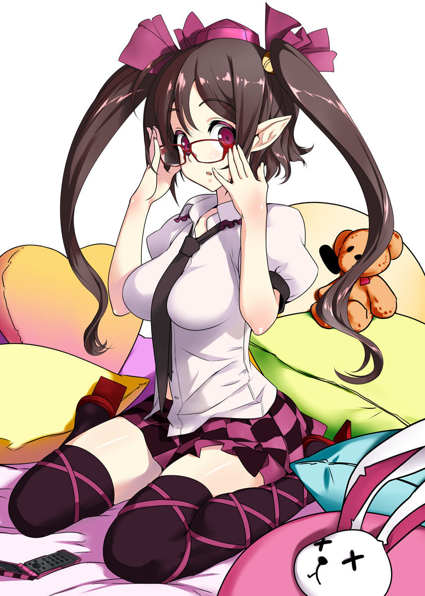 adjusting_glasses bed bespectacled black_legwear black_thighhighs brown_hair cellphone checkered checkered_skirt colored_eyelashes cushion eyelashes glasses hands hat highres himekaidou_hatate leg_ribbon long_hair looking_at_viewer mahan necktie phone pointy_ears red_eyes sitting skirt solo stuffed_animal stuffed_toy teddy_bear thigh-highs thighhighs tokin_hat touhou twintails wariza
