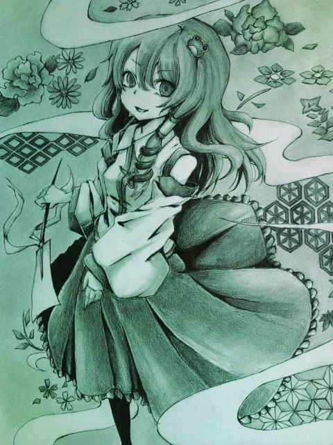 bad_id coco_maru detached_sleeves gohei jpeg_artifacts kochiya_sanae long_hair long_skirt looking_up lowres monochrome skirt solo touhou traditional_media