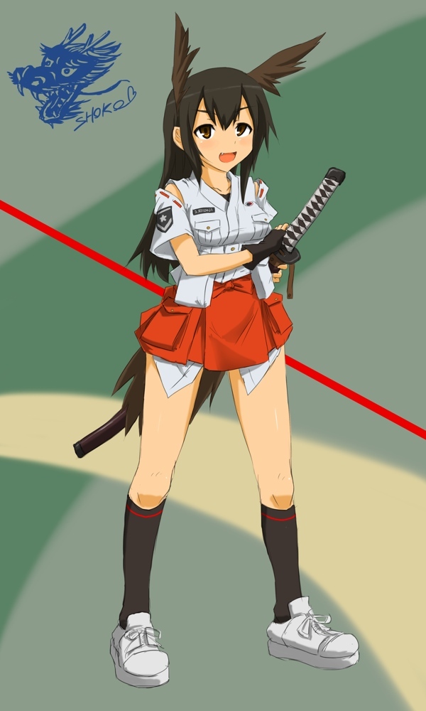 bad_id black_hair brown_eyes commentary costume_combination fang head_wings katana long_hair military military_uniform nontraditional_miko ogitsune_(ankakecya-han) original solo strike_witches strike_witches_1991 sword tail uniform weapon