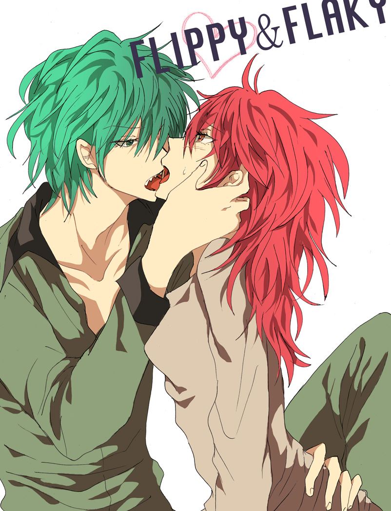 1girl bad_id couple eye_contact fang flaky flippy french_kiss green_eyes green_hair happy_tree_friends heart kiss looking_at_another military military_uniform personification red_eyes red_hair redhead sweater_dress tongue uniform yuki_(fuguneko)
