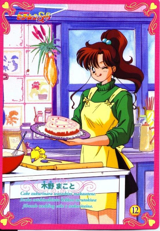 apron bishoujo_senshi_sailor_moon brown_hair cake card cooking kino_makoto kitchen ponytail tongue translation_request turtleneck wink