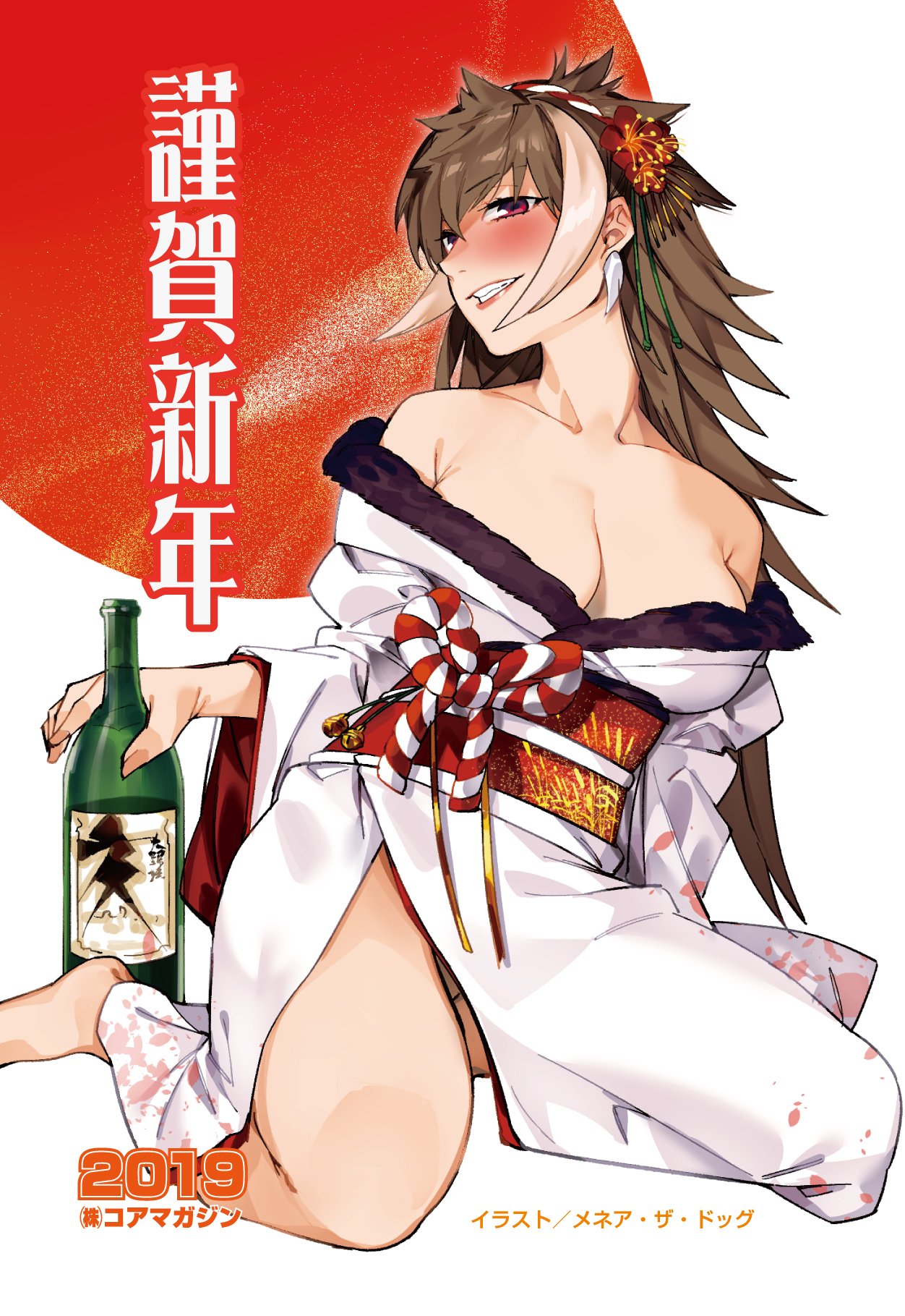 1girl barefoot blush bottle breasts brown_hair cleavage earrings flower hair_flower hair_ornament highres holding holding_bottle japanese_clothes jewelry kimono kneeling light_brown_hair lipstick magenta_eyes makeup menea multicolored_hair naked_kimono new_year no_bra no_panties off_shoulder original simple_background smile solo spiky_hair two-tone_hair white_kimono