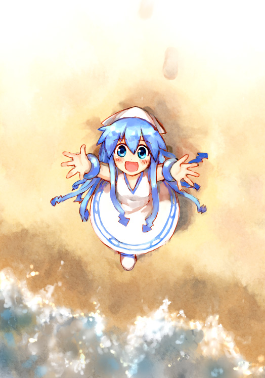 :d bad_id beach blue_eyes blue_hair dress from_above hat ikamusume long_hair looking_up open_mouth reaching shinryaku!_ikamusume smile solo tentacle_hair yokoshima_(tirimoti)