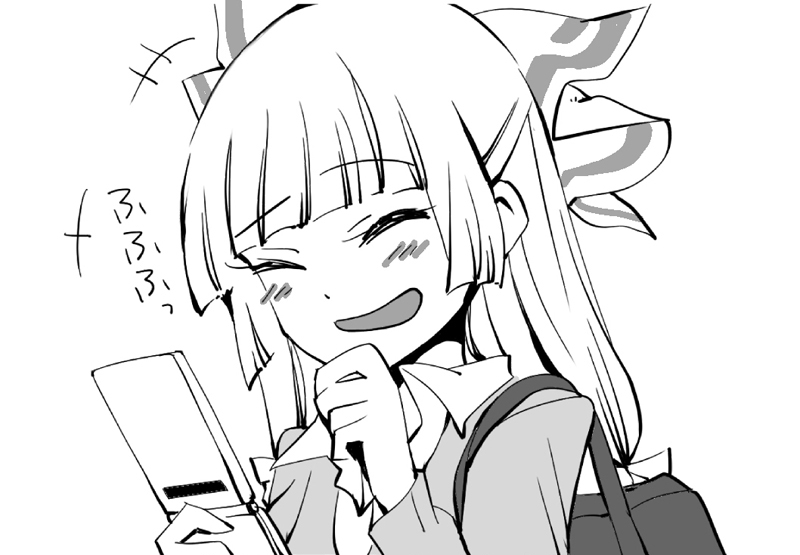 closed_eyes comic commentary commentary_request contemporary eyes_closed fujiwara_no_mokou laughing long_hair monochrome phone school_uniform shinoasa touhou translated waving