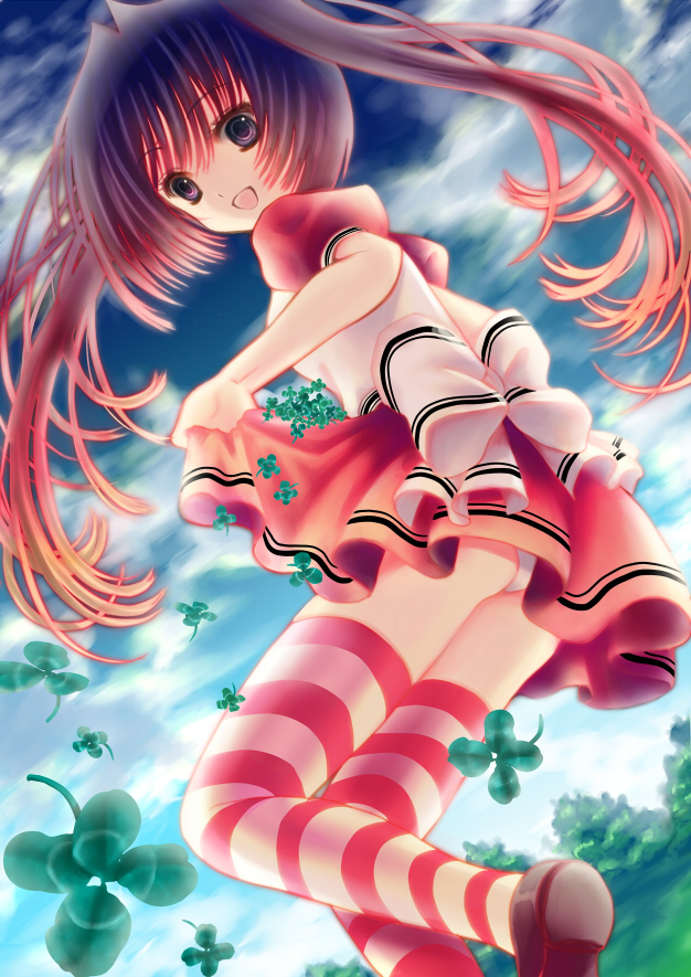 ass bad_id blue_sky cloud clouds clover gradient_hair hassaku_(misukoso) long_hair multicolored_hair open_mouth original panties pink_hair purple_eyes purple_hair short_hair skirt skirt_lift sky smile solo striped striped_legwear striped_thighhighs thigh-highs thighhighs underwear violet_eyes