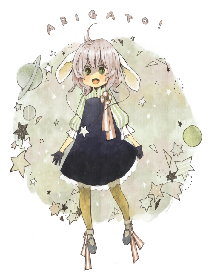 dress green_eyes mary_janes original pantyhose planet pnk58 shoes silver_hair solo star thigh-highs thighhighs