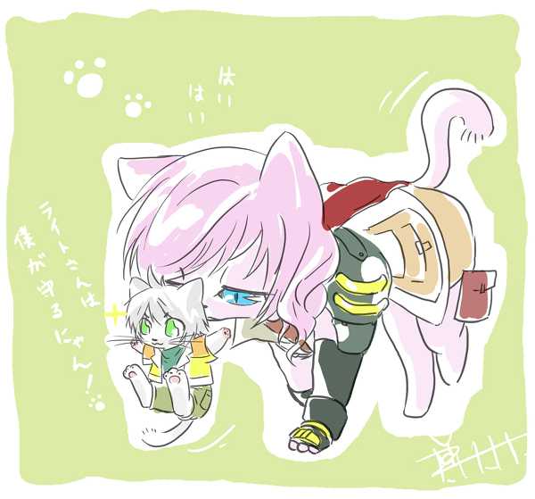 &gt;:3 :3 animalization blue_eyes cat final_fantasy final_fantasy_xiii green_eyes hope_estheim lightning_farron long_hair mouth_hold piggy_ho_ho pink_hair pixiv pixiv_thumbnail resized translated white_hair