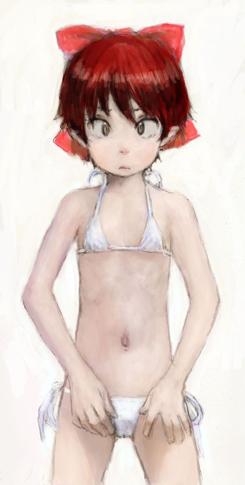 bikini bow brown_hair child flat_chest gegege_no_kitarou hair_bow loli navel nekomusume pon solo swimsuit yellow_eyes