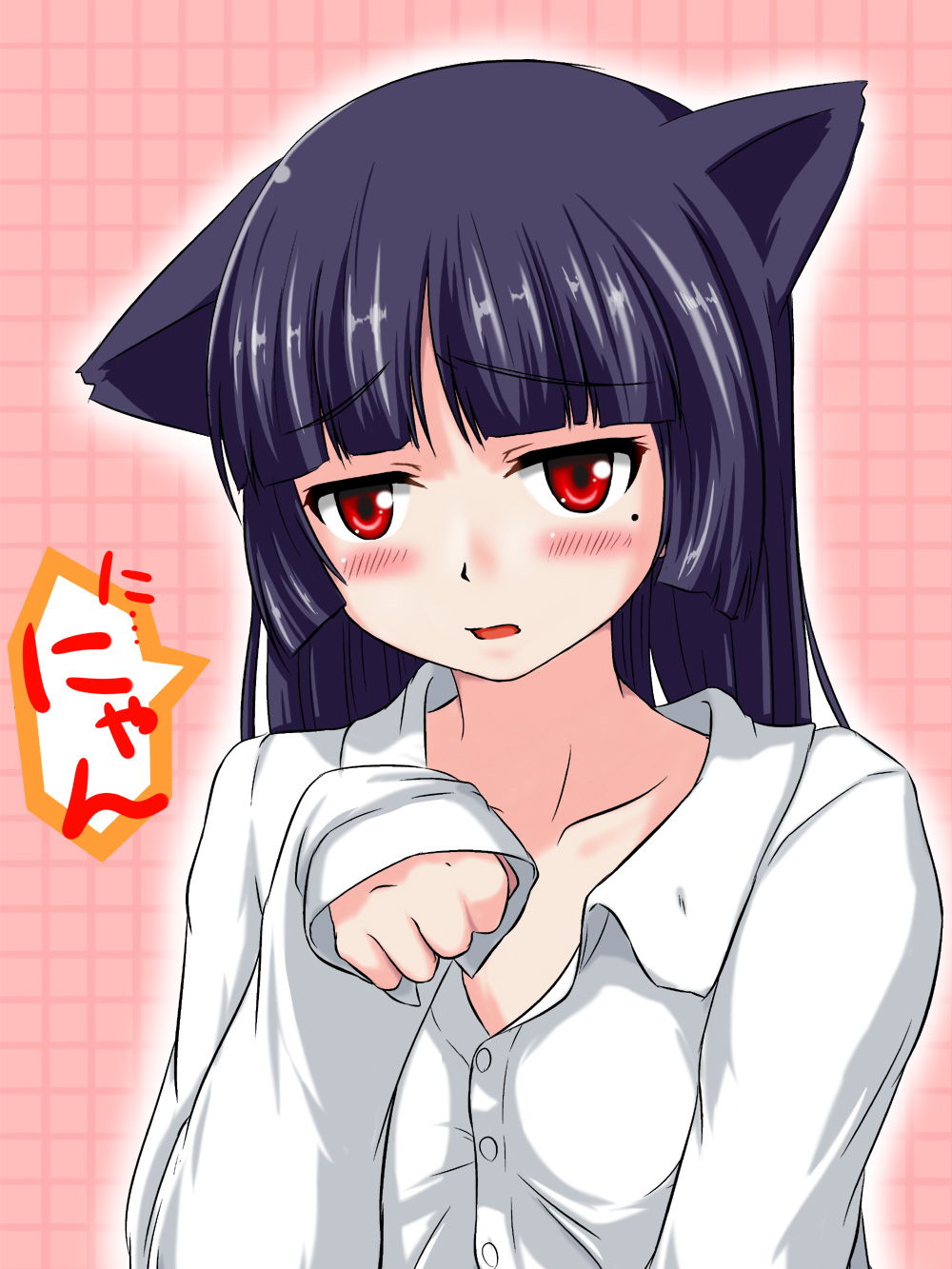 animal_ears bad_id black_hair blue_eyes blush cat_pose gokou_ruri highres long_hair mole open_clothes open_mouth ore_no_imouto_ga_konna_ni_kawaii_wake_ga_nai paw_pose red_eyes shirt solo tokugawa_landine white_shirt