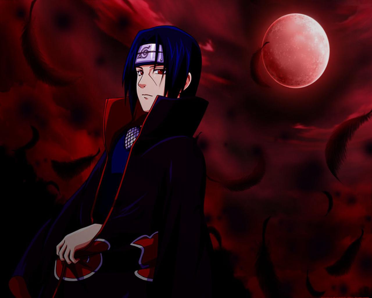 akatsuki_(naruto) cloak feather female fishnets highres jpeg_artifacts moon naruto red_eyes red_moon short_hair sky solo uchiha_itachi wallpaper