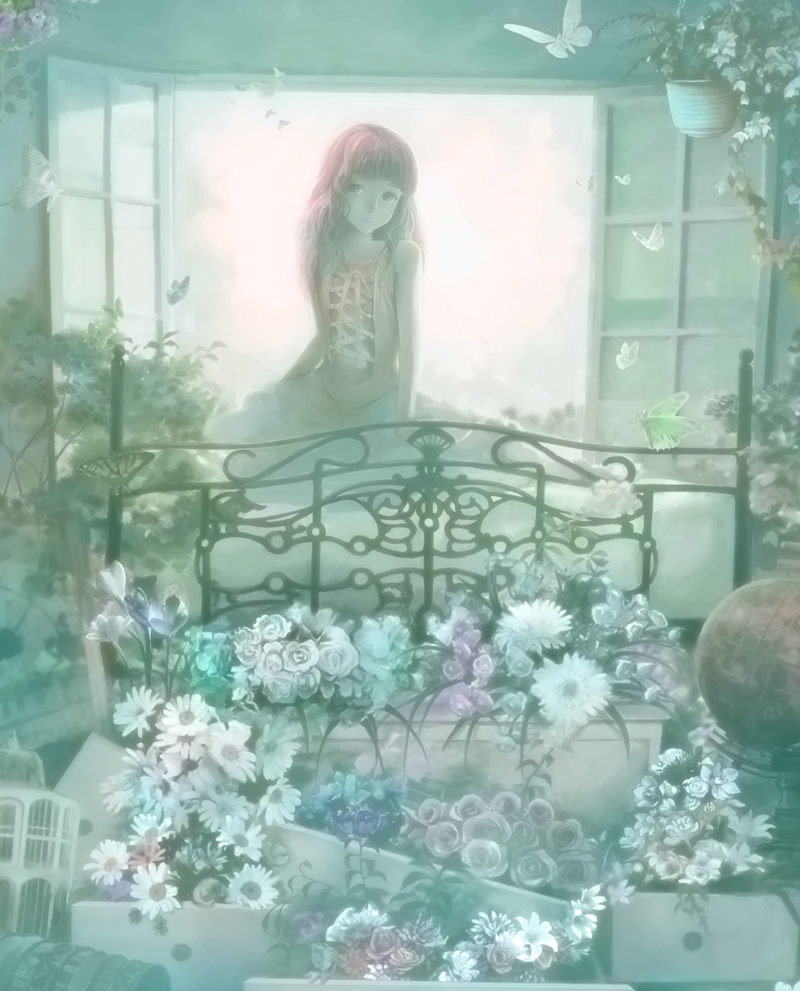 bed blunt_bangs butterfly daisy flower hiraoka_masamune ivy long_hair original pale_color pink_hair pink_rose plant potted_plant rose solo white_rose window
