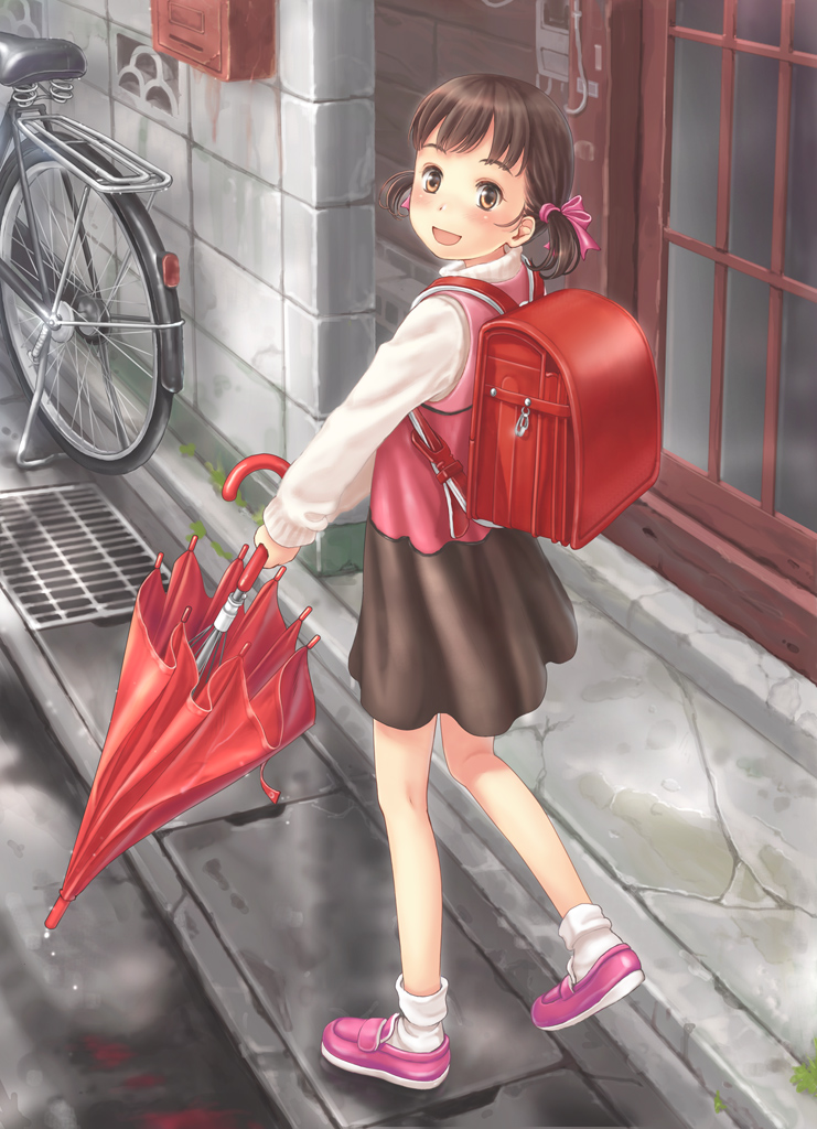 bag bicycle blush brown_eyes brown_hair child doujima_nanako hair_ribbon kuma_(persona_4) loli looking_back persona persona_4 randoseru ribbon saimon short_hair short_twintails smile twintails umbrella