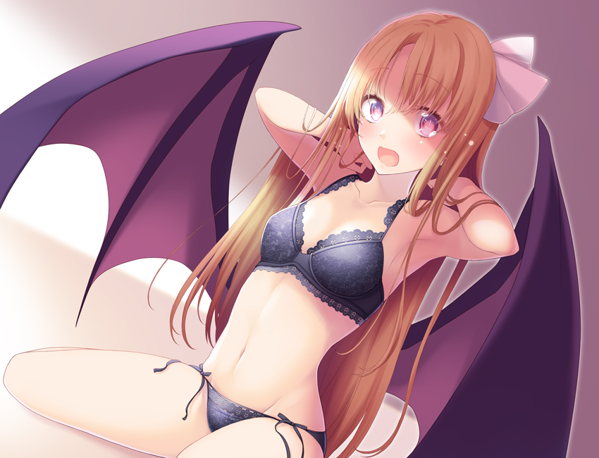 1girl alternate_eye_color armpits arms_behind_head arms_up bangs bat_wings black_bra black_panties blonde_hair blush bow bra breasts collarbone commentary_request elis_(touhou) eyebrows_visible_through_hair eyelashes hairband long_hair midorino_eni navel open_mouth panties parted_bangs sidelocks sitting slit_pupils small_breasts solo stomach sunlight surprised tears thighs touhou touhou_(pc-98) underwear violet_eyes wariza white_bow white_hairband wings