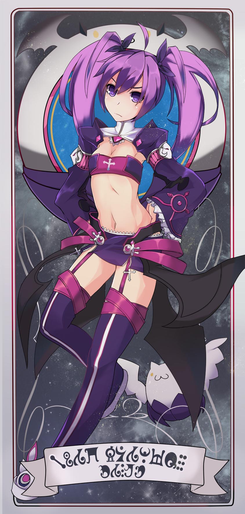 1girl aisha_(elsword) amber_(5_22_lili) bandeau boots breasts cleavage detached_sleeves dress elsword frown hands_on_hips highres long_hair madoka_runes mahou_shoujo_madoka_magica midriff miniskirt navel purple_dress purple_hair purple_legwear skirt solo thigh-highs thigh_boots translation_request twintails violet_eyes