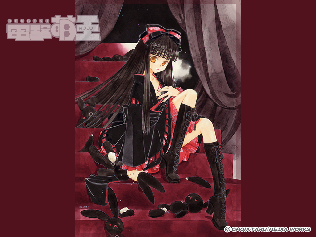 bangs black_hair blunt_bangs boots bunny dengeki_moeoh dengeki_moeou flat_chest gothic hand_on_own_chest high_heels kaere_kimura long_hair omoiataru shoes solo stairs wallpaper